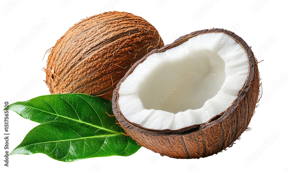 fresh whole and half coconut and slices completely separated from background fresh whole and half coconut and slices completely separated from background