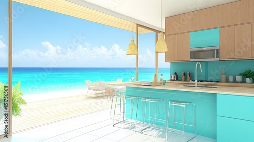 Coastal kitchen design with ocean view.