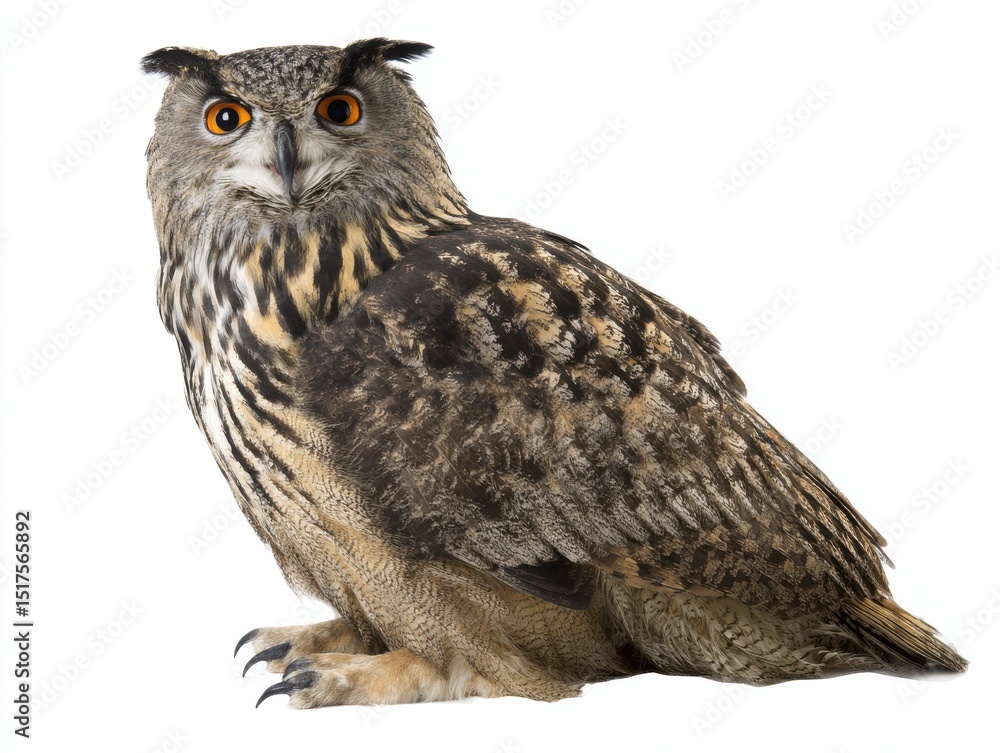 Fototapeta premium Eurasian eagle-owl with bright orange eyes isolated on white background 