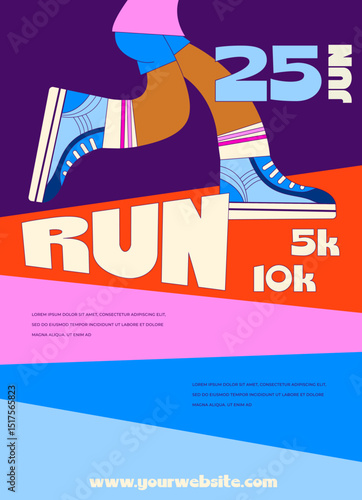 Vector poster - running and sport. Running shoe marathon background template. athlete runner feet running or walking on road . closeup illustration vector