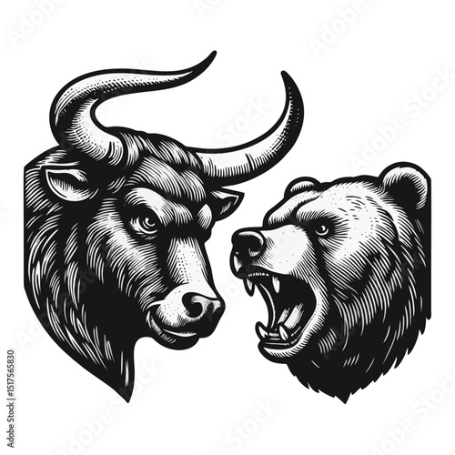 Bull Vs bear vintage simple modern engraving style black and white full body bull vs bear isolated on white background