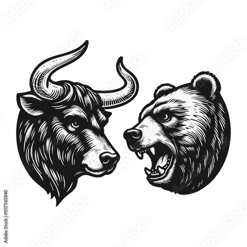 Bull Vs bear vintage simple modern engraving style black and white full body bull vs bear isolated on white background
