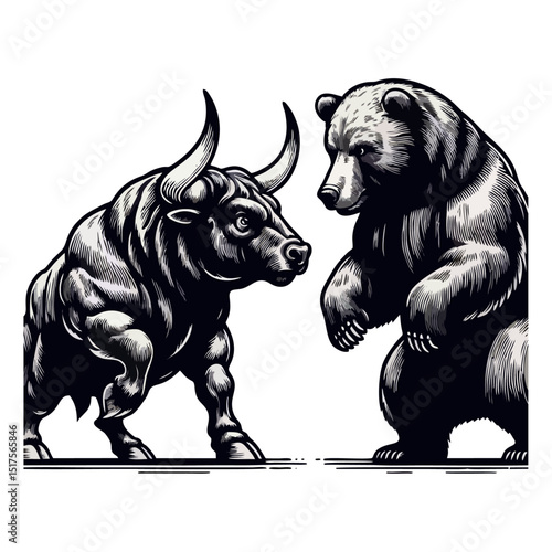 Bull Vs bear vintage simple modern engraving style black and white full body bull vs bear isolated on white background