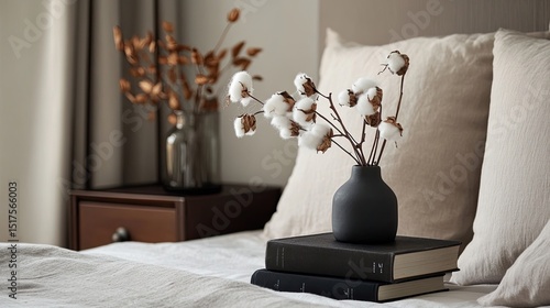 Stylish bedside table with dark book and vase holding dried cotton branch