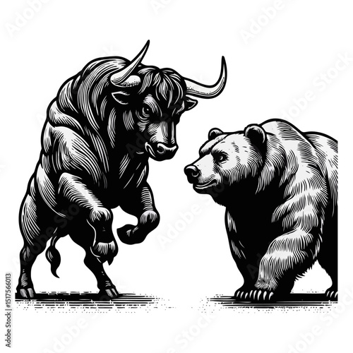 Bull Vs bear vintage simple modern engraving style black and white full body bull vs bear isolated on white background