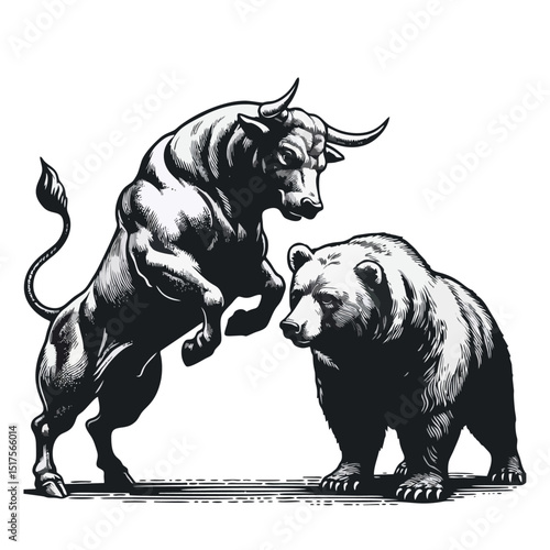 Bull Vs bear vintage simple modern engraving style black and white full body bull vs bear isolated on white background