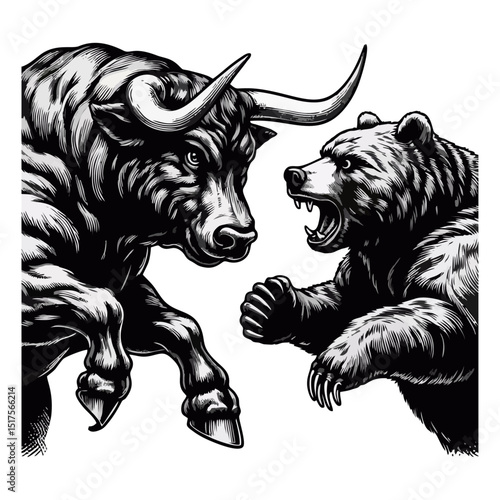 Bull Vs bear vintage simple modern engraving style black and white full body bull vs bear isolated on white background