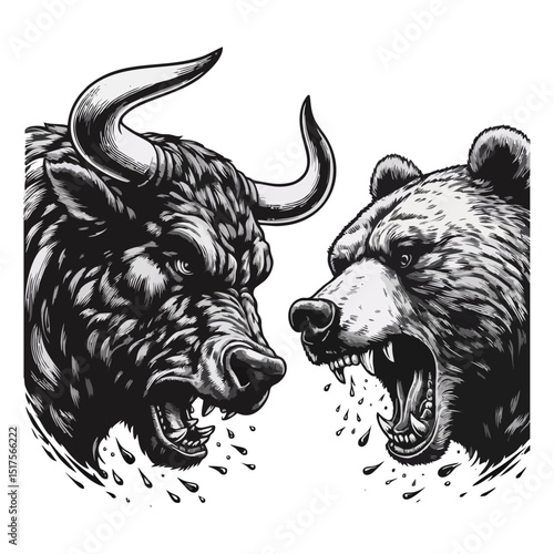 Bull Vs bear vintage simple modern engraving style black and white full body bull vs bear isolated on white background