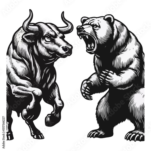 Bull Vs bear vintage simple modern engraving style black and white full body bull vs bear isolated on white background