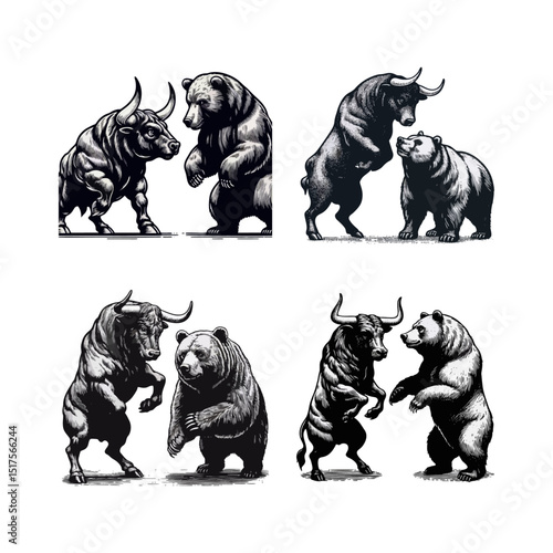Bull Vs bear vintage simple modern engraving style black and white full body bull vs bear isolated on white background