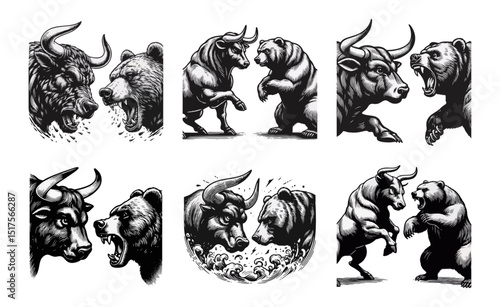 Bull Vs bear vintage simple modern engraving style black and white full body bull vs bear isolated on white background