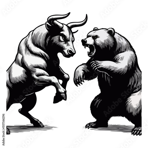 Bull Vs bear vintage simple modern engraving style black and white full body bull vs bear isolated on white background