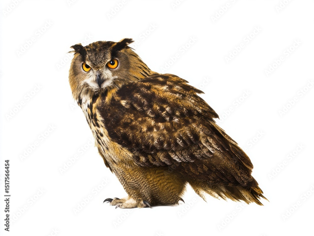 Naklejka premium Eurasian eagle-owl with bright orange eyes isolated on white background