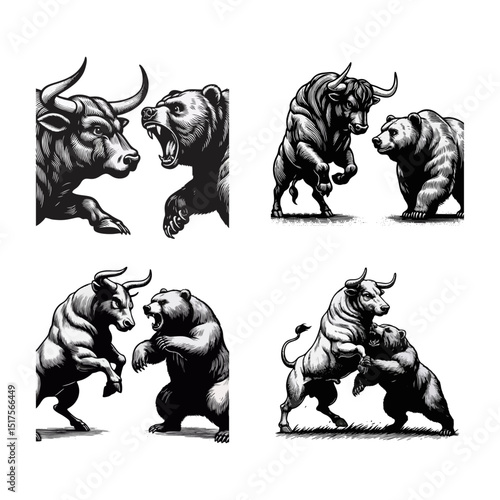 Bull Vs bear vintage simple modern engraving style black and white full body bull vs bear isolated on white background