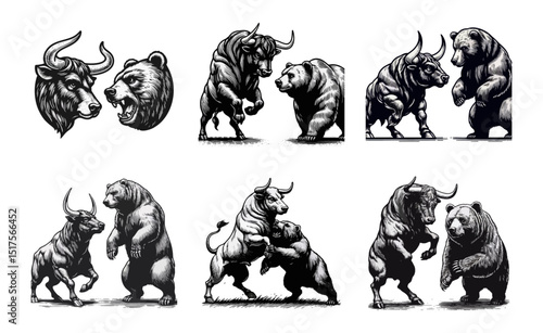 Bull Vs bear vintage simple modern engraving style black and white full body bull vs bear isolated on white background