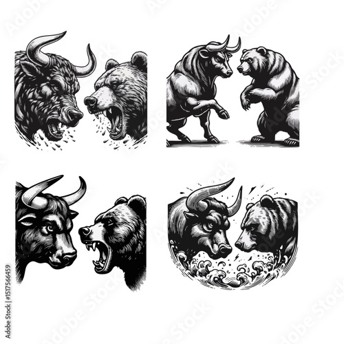 Bull Vs bear vintage simple modern engraving style black and white full body bull vs bear isolated on white background