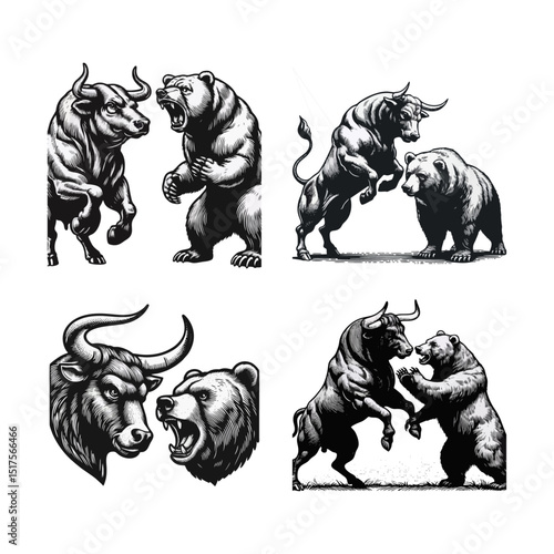 Bull Vs bear vintage simple modern engraving style black and white full body bull vs bear isolated on white background