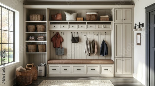 Stylish mudroom with bench seating and built-in storage cabinets