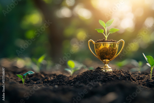 Golden trophy holds a small plant growing in rich soil surrounded by other seedlings in a sunlit garden