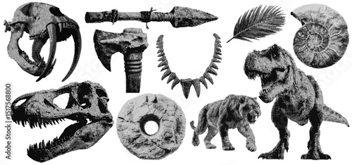 Set of prehistoric dinosaur halftone grunge vector design elements