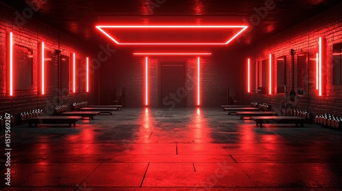 Red neon gym interior with benches