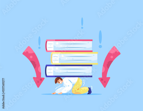 Academic pressure concept. effort to learn and gain knowledge. working hard for knowledge. education problems. illustration of a male student trying to hold a pile of books from being crushed. flat