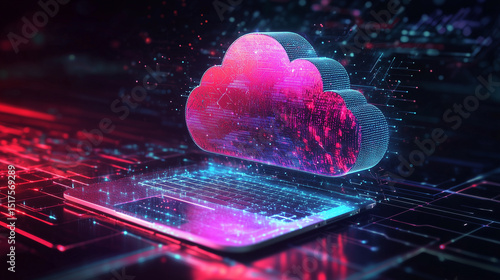 Cloud computing concept with digital cloud icon above laptop keyboard in futuristic neon light style, symbolizing data storage and technology innovation