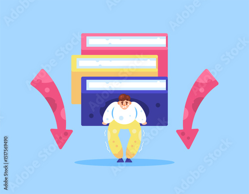 Academic pressure concept. effort to learn and gain knowledge. working hard for knowledge. education problems. illustration of a male student trying to hold a pile of books from being crushed. flat