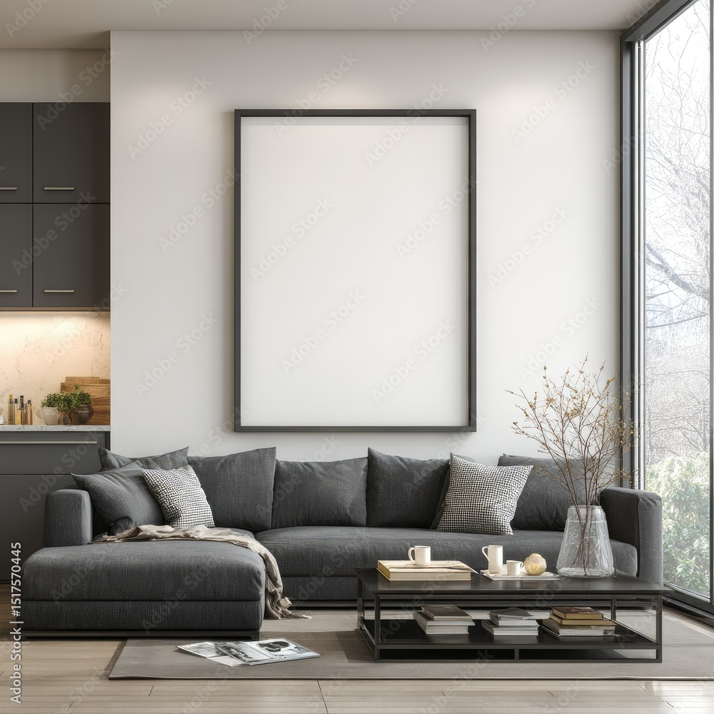 Fototapeta premium Modern living room interior with grey sectional sofa and blank art