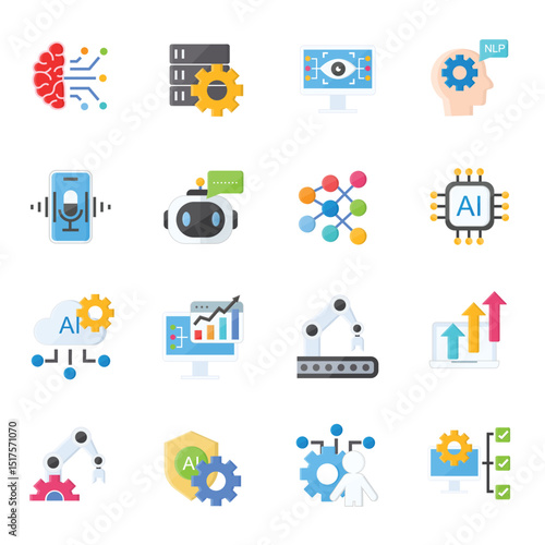 Artificial Intelligence and Tech Icons Set Vector