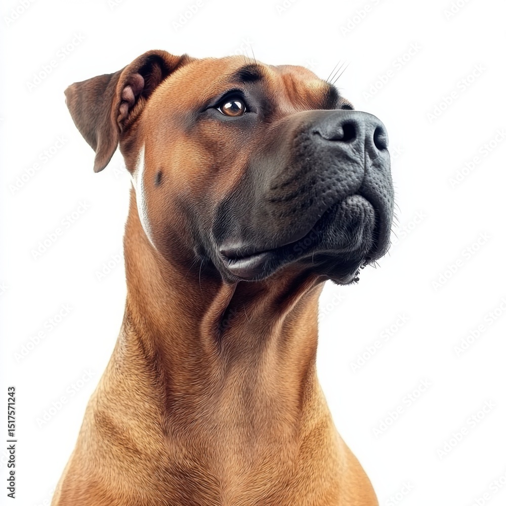 Obraz premium Close-up of a majestic brown dog with a focused expression showing attentive alertness against a white background perfect for pet care, animal love, and companionship themes