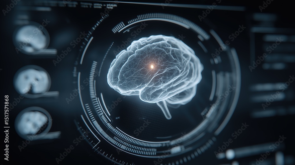 Obraz premium Human brain on abstract blue tech background with data lines, representing AI and futuristic innovation in science and digital art.