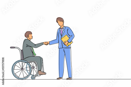 Single continuous line drawing disabled businessman in wheelchair shaking hand with business partner or boss. Injured manager dialogue with business colleague. One line draw graphic design vector.