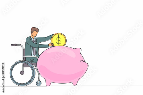 Single continuous line drawing disabled businessman saving coin dollar money. Person in wheelchair holding piggy bank and thinking of money. Disability, finance concept. One line draw design vector