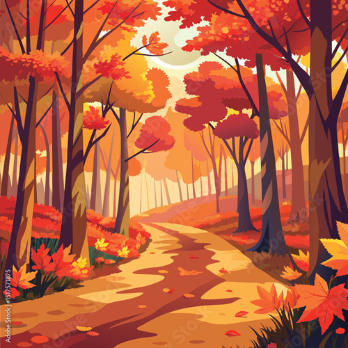 Autumn path through colorful forest.