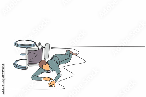 Single continuous line drawing businessman fell off wheelchair sitting on floor. Disabled man patient accident falling down and crawling for help in hospital room. One line draw graphic design vector