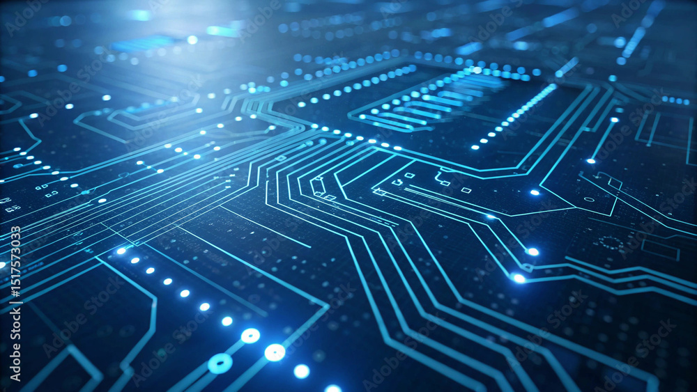 Obraz premium Digital Pathways: A luminous circuit board unveils the intricate pathways of data flow, illuminated in a captivating display of interconnectedness and technological advancement.