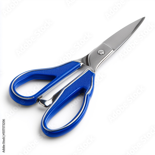 A pair of stainless steel scissors with blue handle
