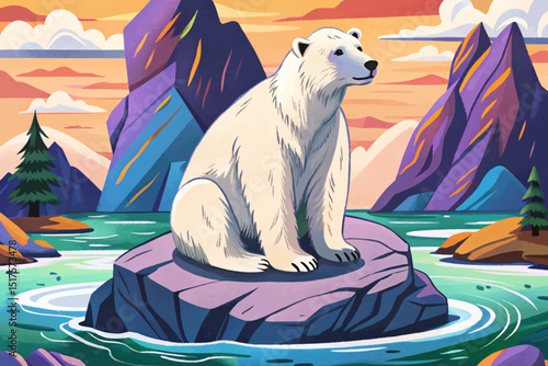 illustration vector of polar bear on a rock in ink cartoon