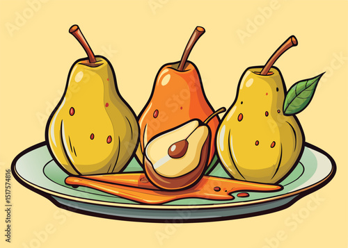 Colorful pears on a plate.
