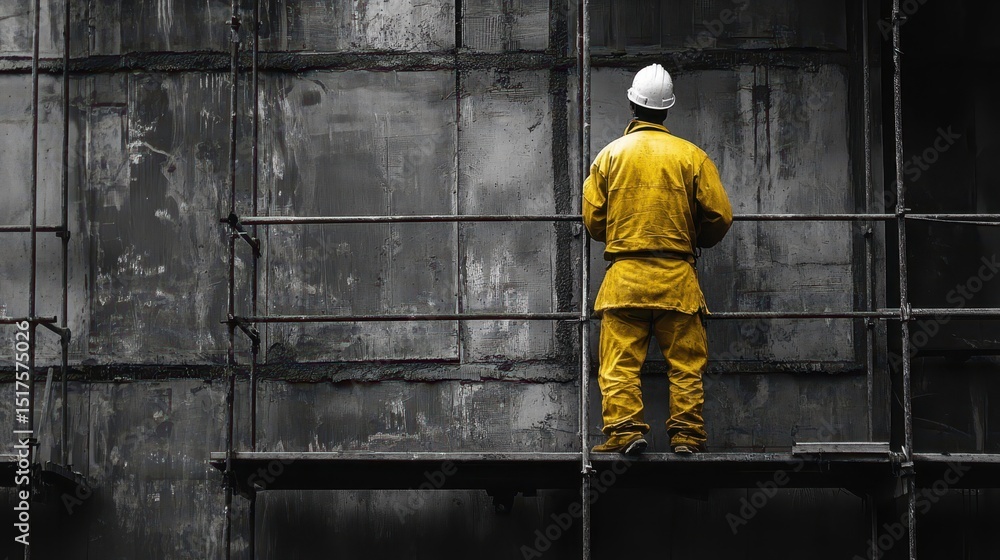 Male construction worker in yellow gear on scaffolding at industrial site Male construction worker in yellow gear on scaffolding at industrial site