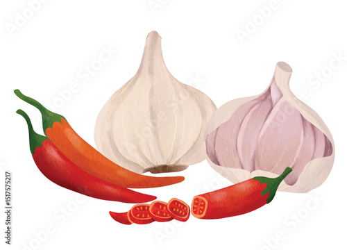 Garlic Bulbs and Red Chili Pepper Spice Watercolor  Illustration
