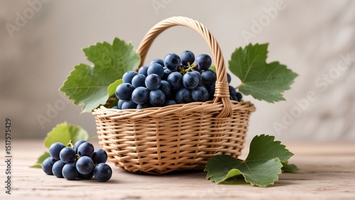 Woven Basket Filled with Fresh Dark Blue Grapes and Green Leaves – Natural and Juicy Fruit Display
