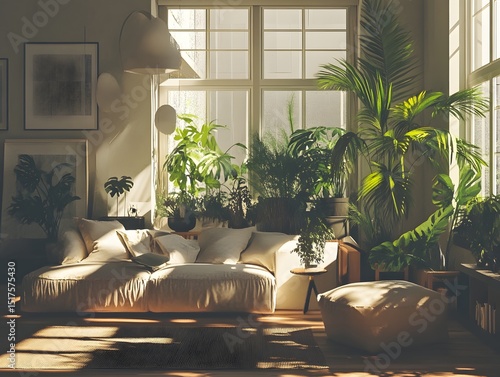 Luxury hotel living room with a view, featuring elegant furniture and indoor plants