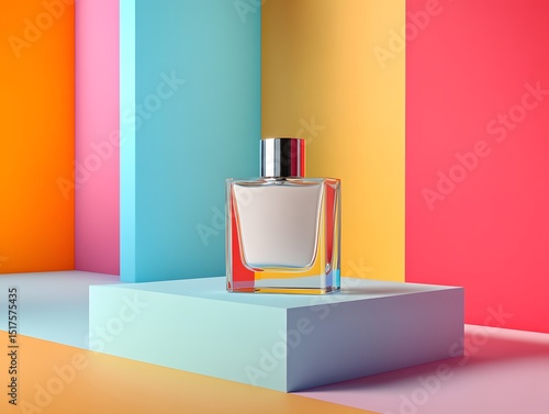 Luxury perfume bottle on a wooden table in a contemporary living room with a comfortable sofa