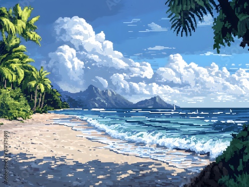 Tropical Thai beach landscape with palm trees, blue sea, and summer sky