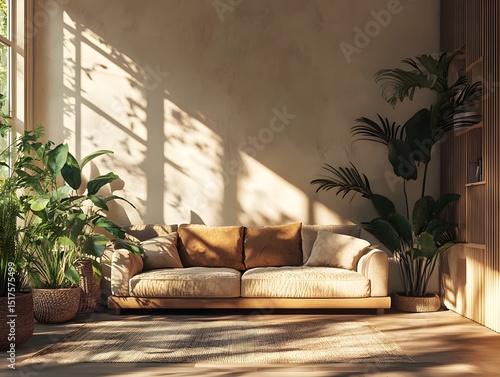 Modern living room interior featuring a comfortable sofa, stylish furniture, and contemporary decor