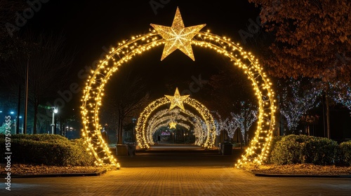 Illuminated holiday star arches at night in a festive park setting