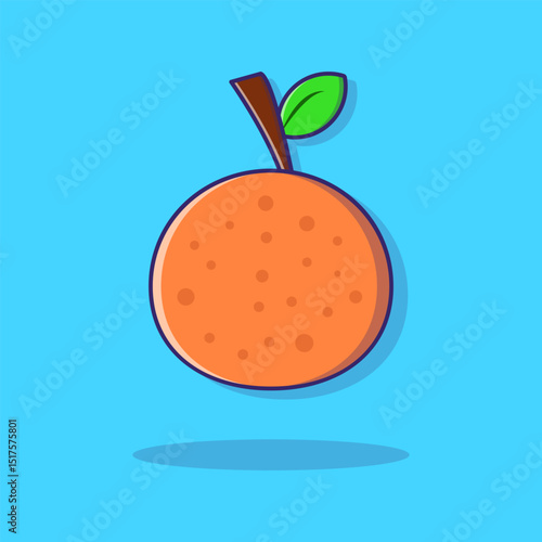 Orange Delight: A vibrant illustration of a juicy orange, complete with a green leaf and a brown stem, resting against a clean blue backdrop, capturing freshness and fruity deliciousness.