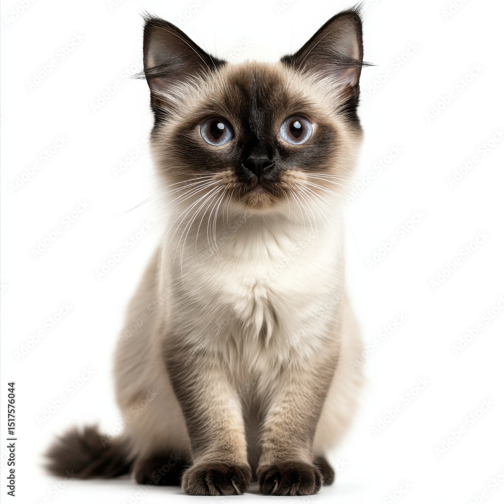Adorable Siamese kitten with striking blue eyes sitting on white background, cute domestic cat with short fur and large ears, young feline pet looking curious Adorable Siamese kitten with striking blue eyes sitting on white background, cute domestic cat with short fur and large ears, young feline pet looking curious
